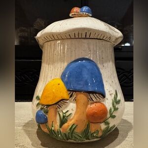 Vintage Arnels Mushroom Ceramic Jar with Lid Measures 10.5“ Tall